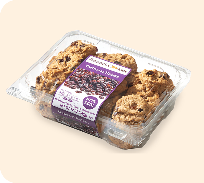 Jimmy's Oatmeal Raisin bite-size cookies in a clear cookie pack