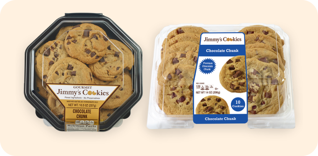 Jimmy's Cookies - chocolate chunk cookies packed in clamshells and octagons package formats