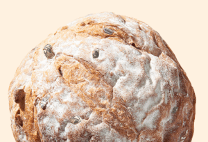 cranberry walnut par baked bread Round loaf of cranberry walnut par baked bread, dusted with flour