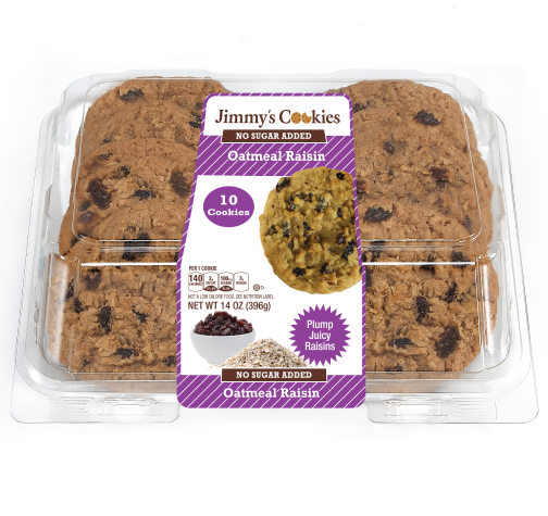 Jimmy&rsquo;s Cookies no-sugar added oatmeal raisin cookies in clear clamshell packaging