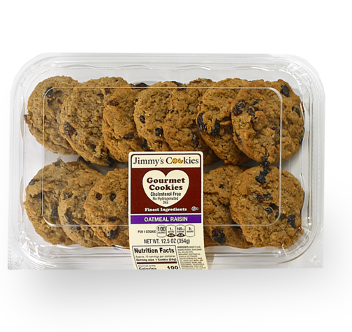 Jimmy&rsquo;s Cookies Gourmet Oatmeal Raisin Smart Cookies in clear retail clamshell packaging