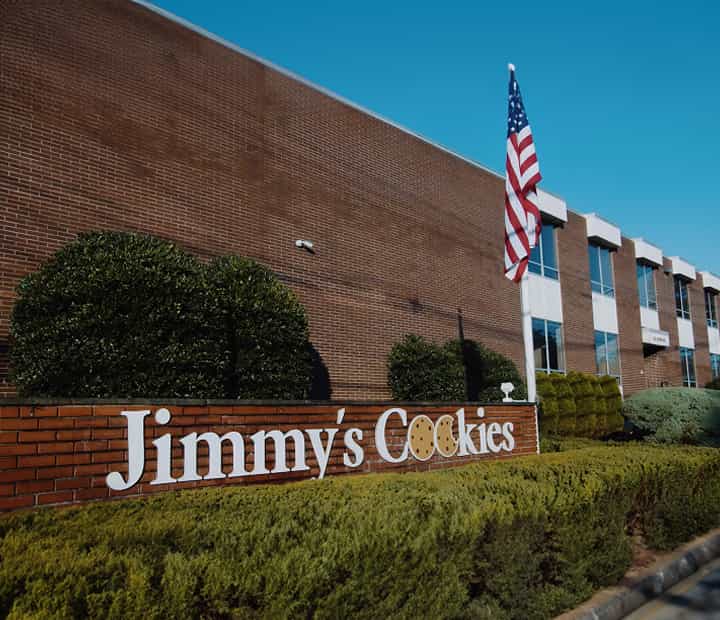 Jimmy's Cookies factory with American flag