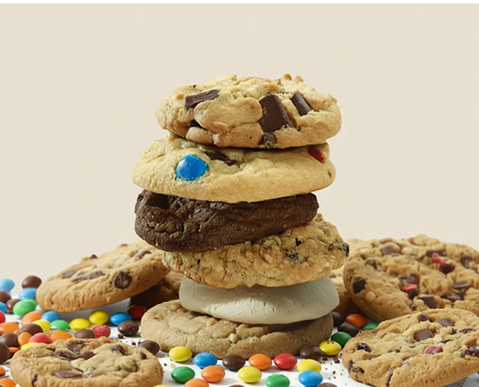 A stack of assorted cookies, including chocolate chips surrounded by colorful candy-coated chocolates