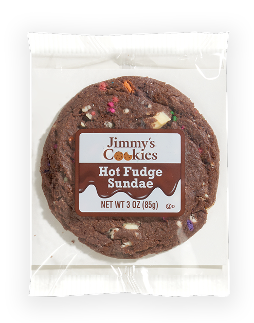 Jimmy's Cookies Hot Fudge Sundae cookie in sealed packaging, Delicious single-serve treat