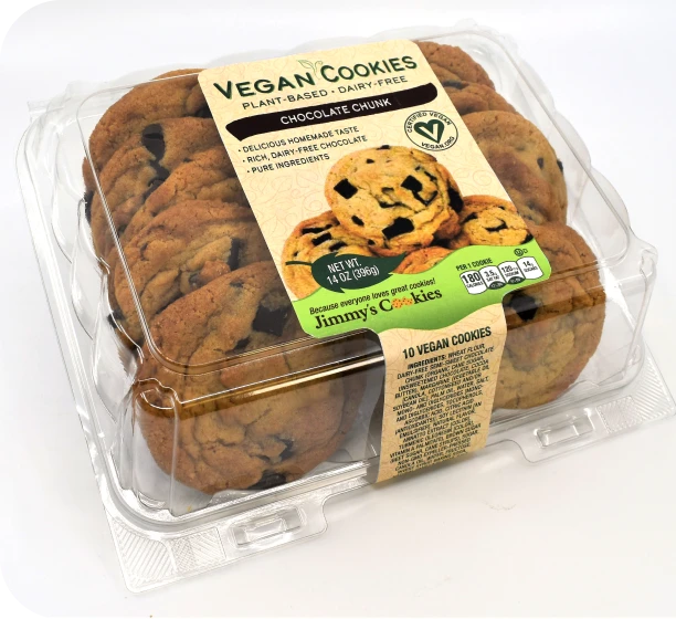 Jimmy's vegan chocolate chunk cookies package labeled plant based and dairy free